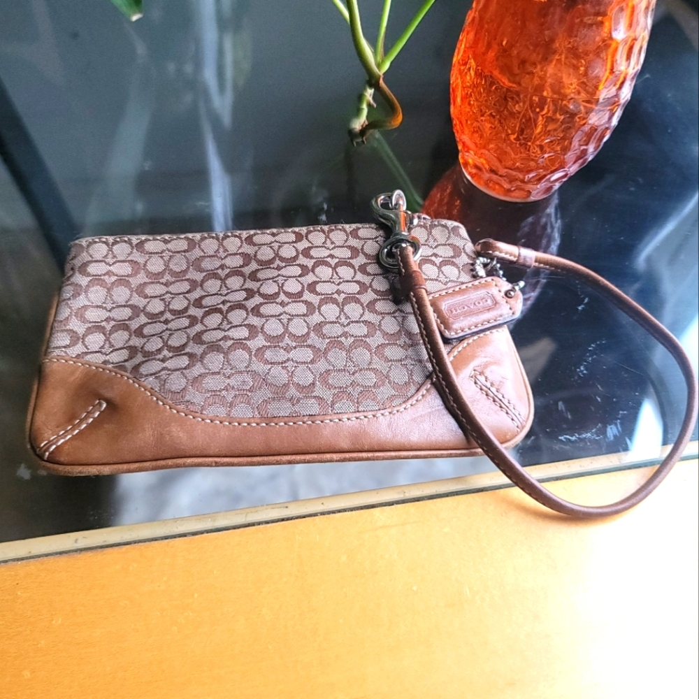 Coach Brown Leather & Signature Wristlet